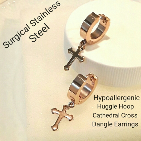 NEW Huggie Hoop Cathedral Cross Earrings - Picture 8 of 8